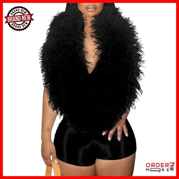 Faux Fur Collar Backless Jumpsuit Sleeveless Halter Shorts Romper - Picture 2 of 6